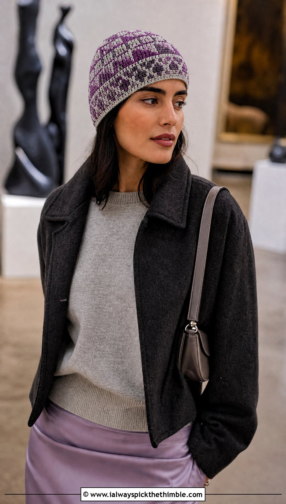 Fitted Mosaic Crochet Beanie With Satin Skirt - 20 Mosaic Crochet Beanie outfit ideas