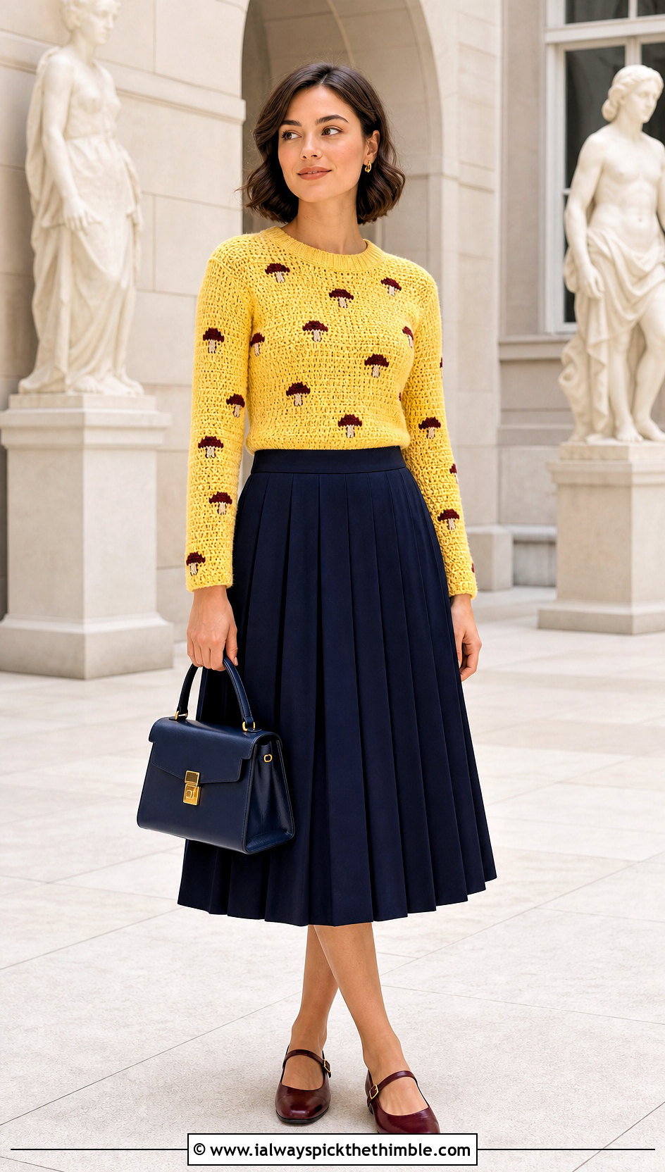 Fitted Mushroom Crochet Sweater With Pleated Midi Skirt - 20 mushroom crochet sweater outfit ideas