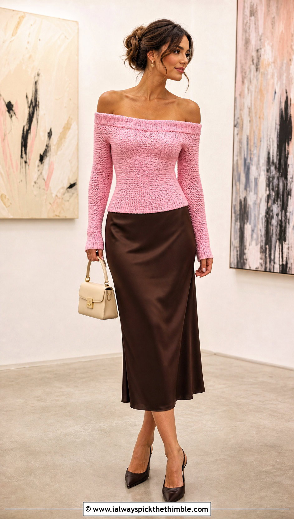 Fitted Off Shoulder Crochet Sweater With Satin Midi Skirt - 25 off shoulder crochet sweater outfit ideas