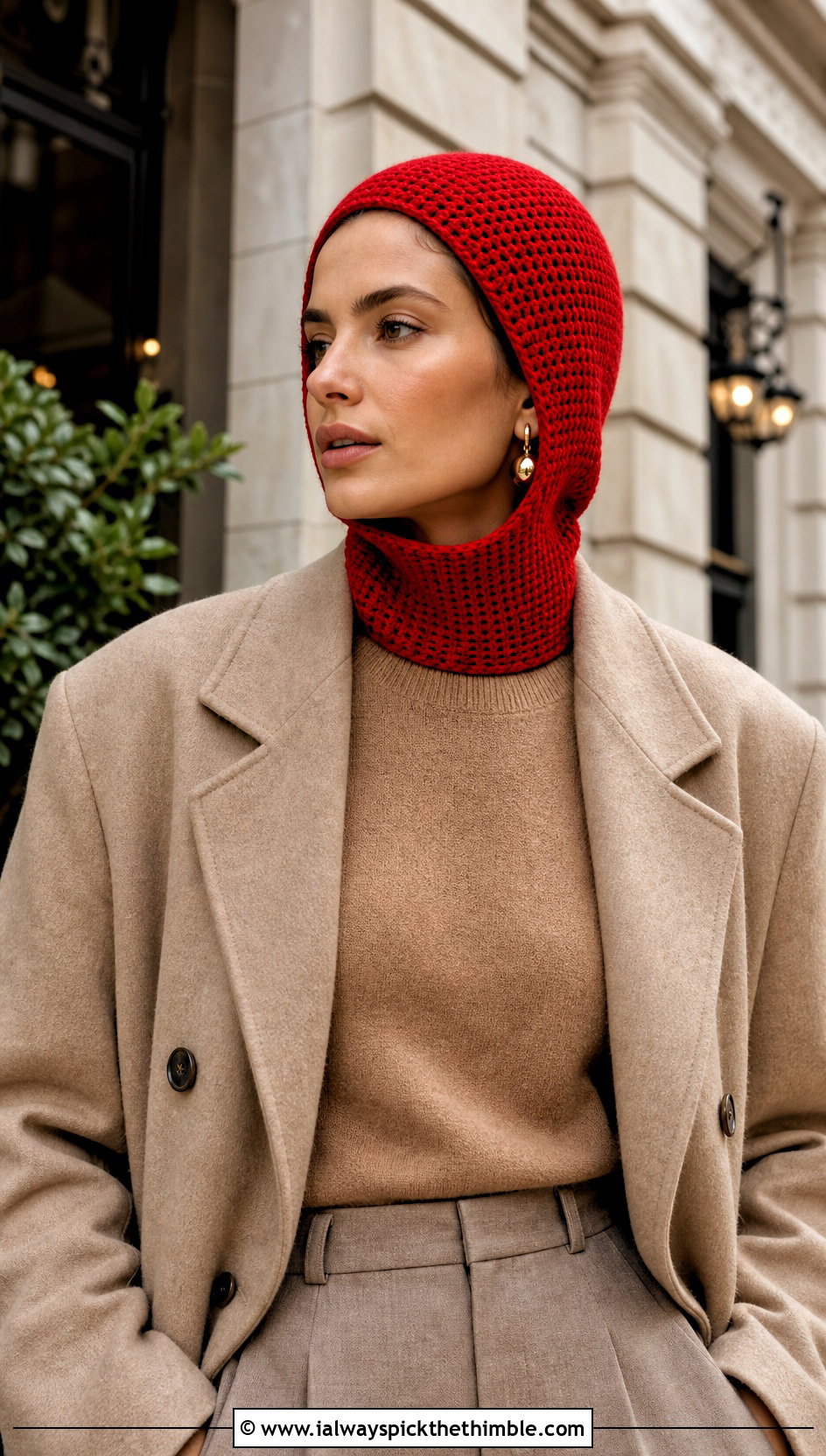 Fitted Open Face Crochet Balaclava With Wool Coat - 20 hooded crochet balaclava outfit ideas