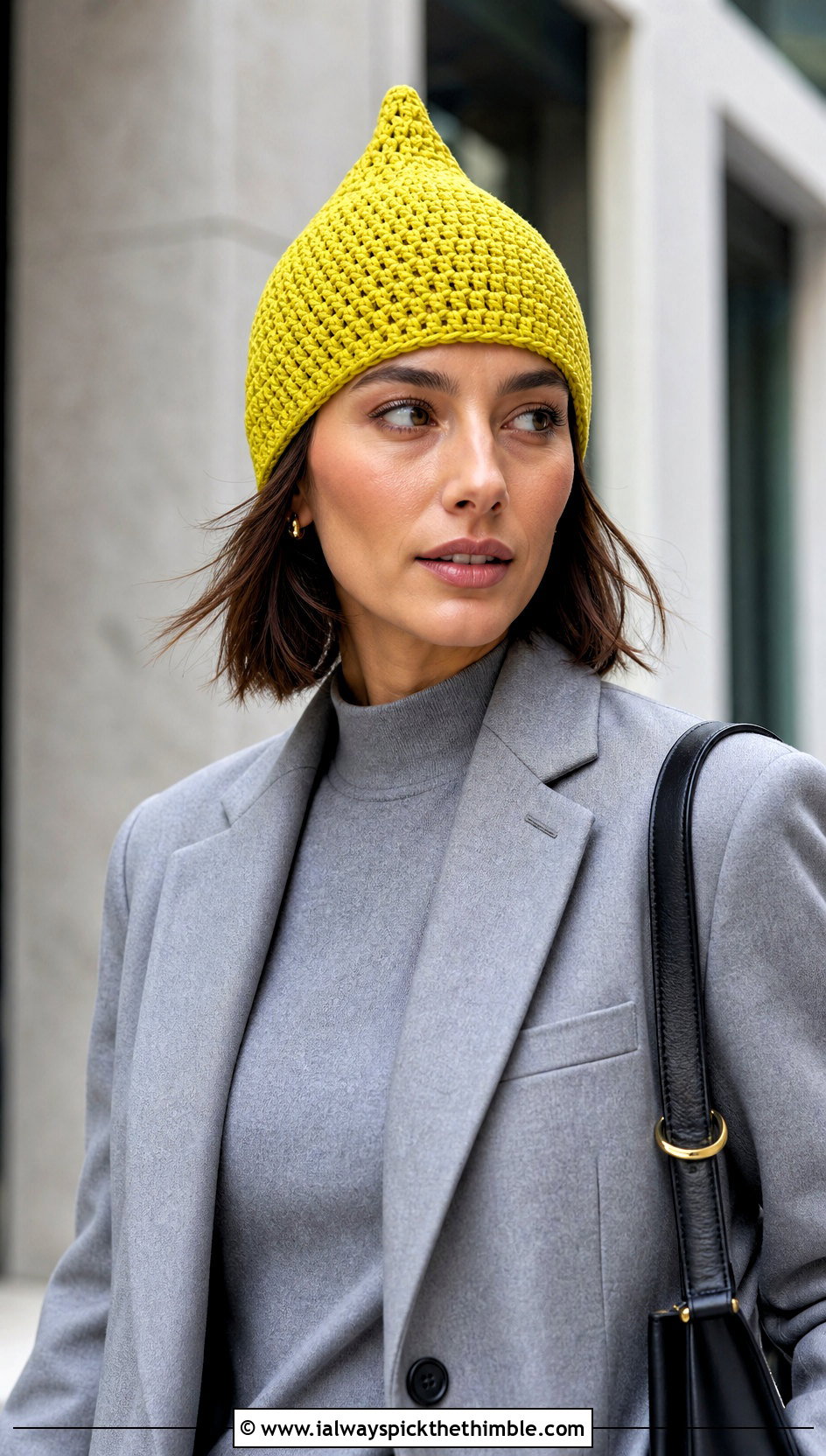 Fitted Pointed Crochet Stocking Cap With Tailored Suit - 20 crochet stocking cap outfit ideas
