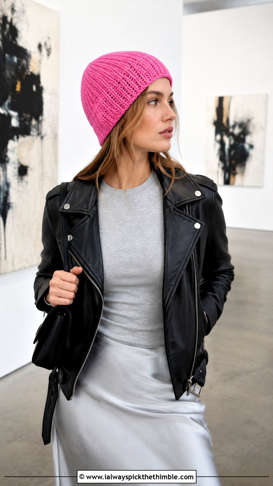 Fitted Pom Free 1 5 Hour Crochet Hat With Leather Jacket And Satin Skirt - 15 1.5 Hour Crochet Hat outfit ideas