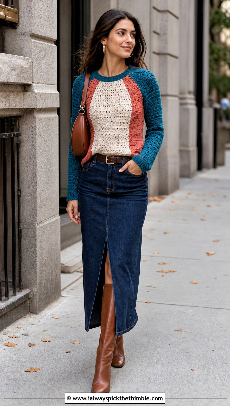 Fitted Raglan Color Block Crochet Sweater With Denim Maxi Skirt - 20 Color Block Crochet Sweater outfit ideas