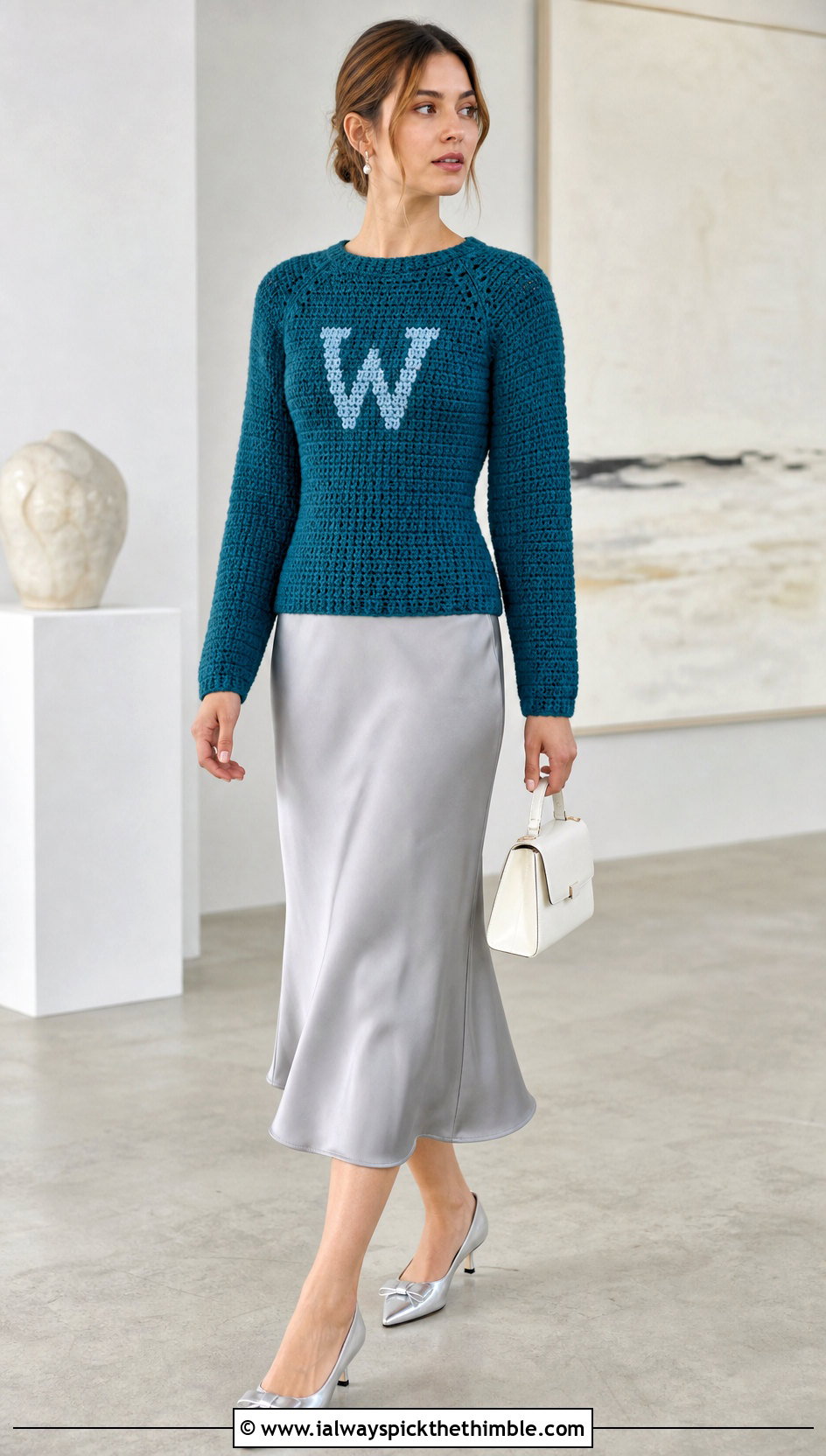 Fitted Raglan Crochet Weasley Sweater With Satin Midi Skirt - 25 crochet weasley sweater outfit ideas