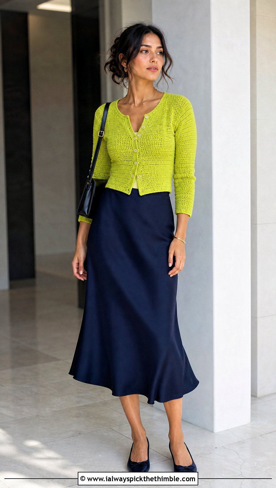 Fitted Raglan Cropped Cardigan With Bias Cut Midi Skirt - 20 Easy Crochet Cropped Cardigan outfit ideas