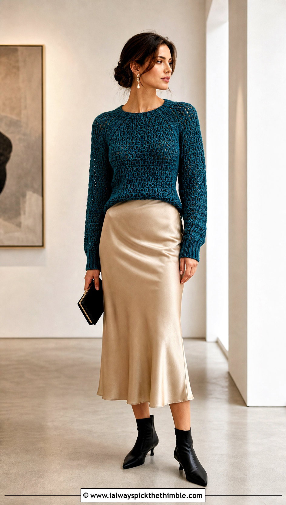 Fitted Raglan Mcdreamy Crochet Sweater With Satin Midi Skirt - 15 Mcdreamy Crochet Sweater outfit ideas