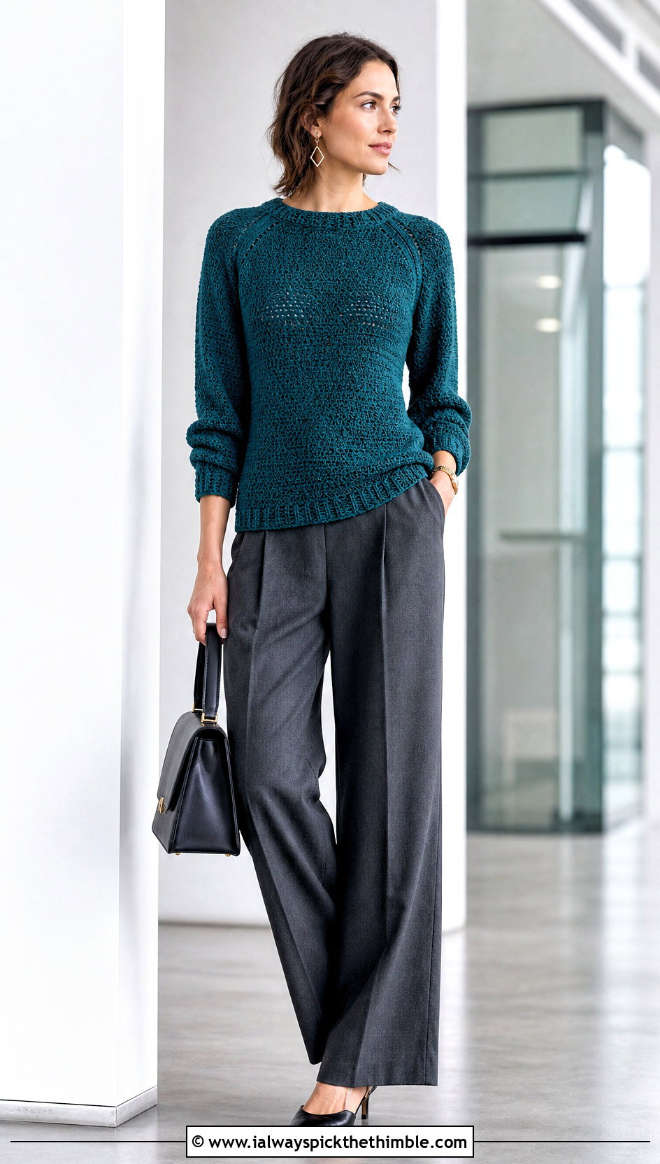 Fitted Raglan Pullover Crochet Sweater With Wide Leg Trousers - 20 Pullover Crochet Sweater outfit ideas