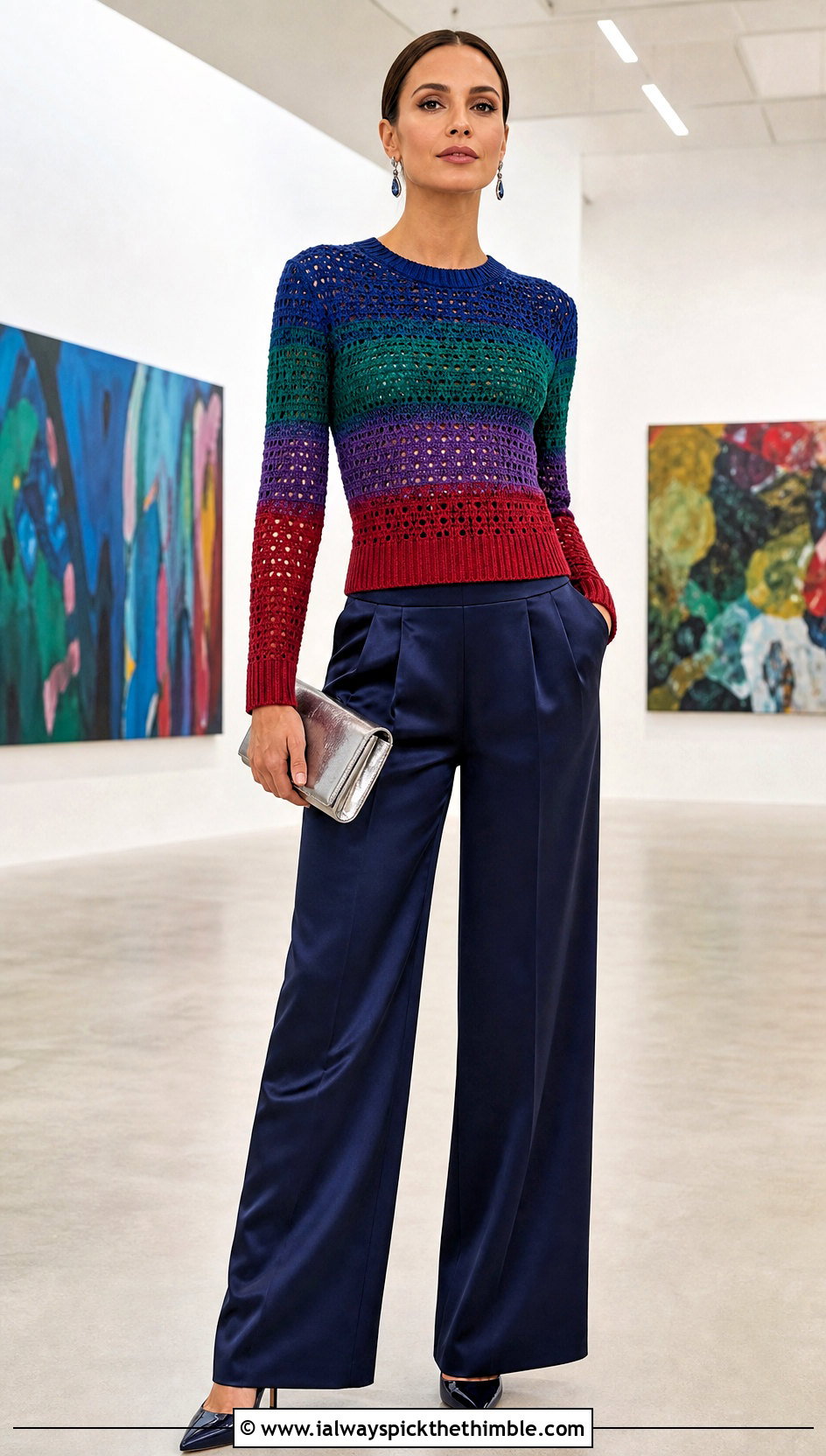 Fitted Rainbow Crochet Sweater With Satin Wide Leg Pants - 15 rainbow striped crochet sweater outfit ideas