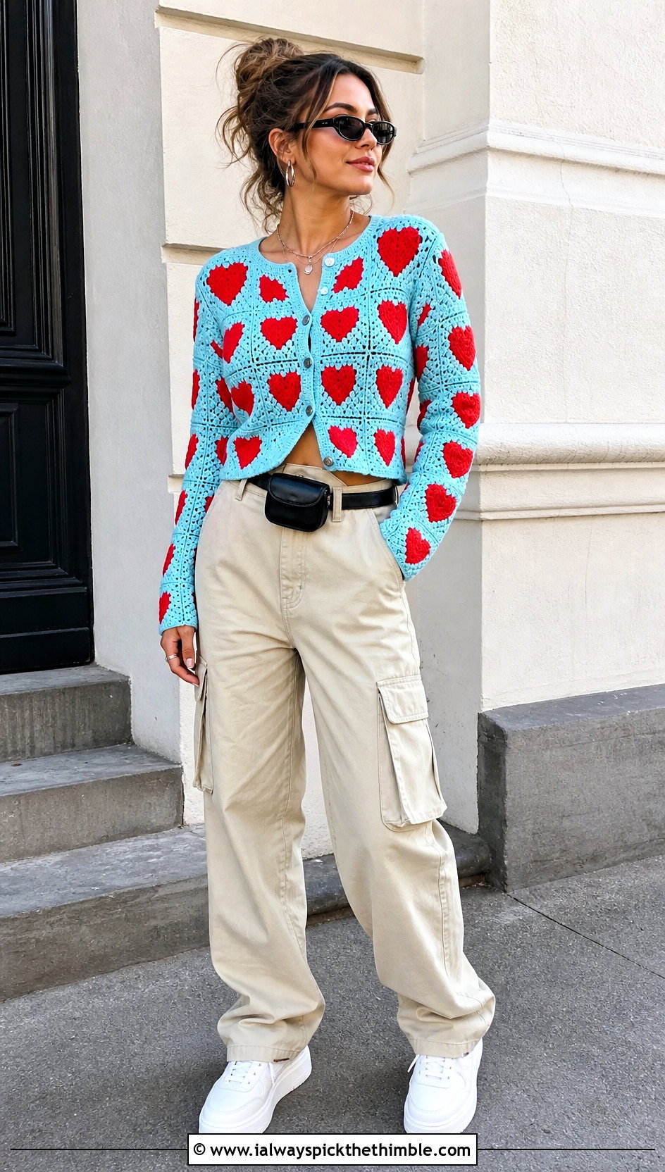 Fitted Red Heart Granny Square Cardigan With Cargo Pants - 15 red heart granny square cardigan outfit ideas