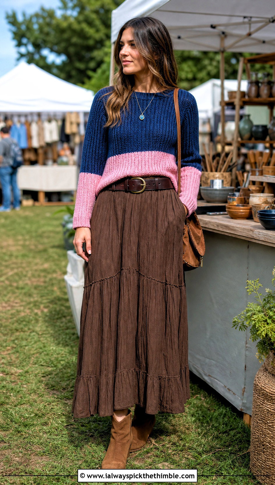 Fitted Ribbed Crochet Colorblock Sweater With Boho Maxi Skirt - 20 crochet colorblock sweater outfit ideas