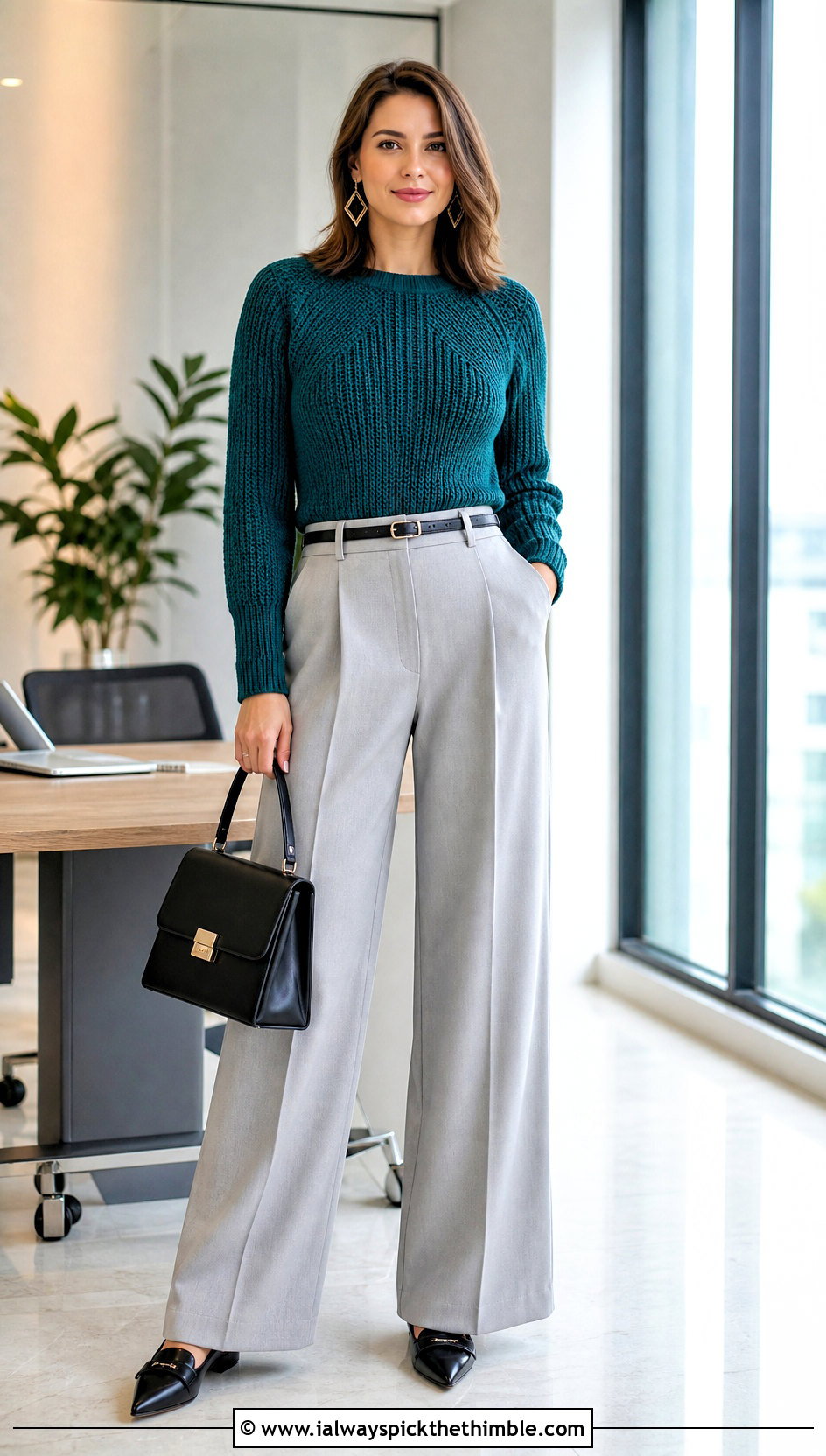 Fitted Ribbed Crochet Jumper With Tailored Trousers - 20 simple crochet jumper outfit ideas