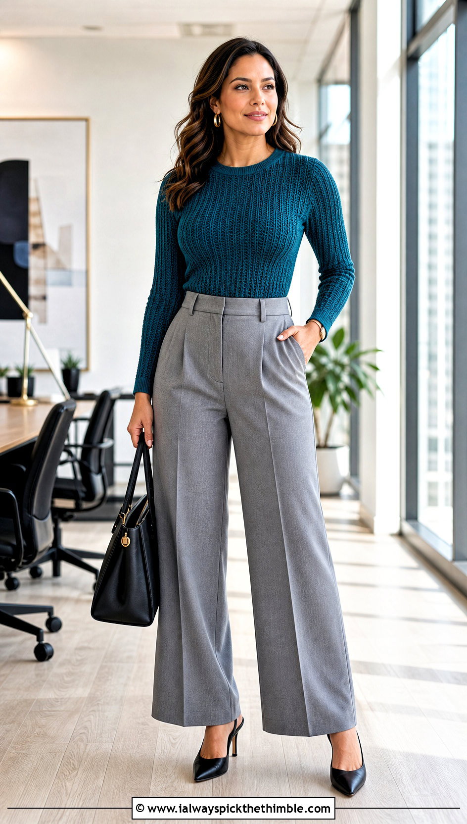 Fitted Ribbed Crochet Sweater With Wide Leg Trousers - 25 easy crochet sweater outfit ideas