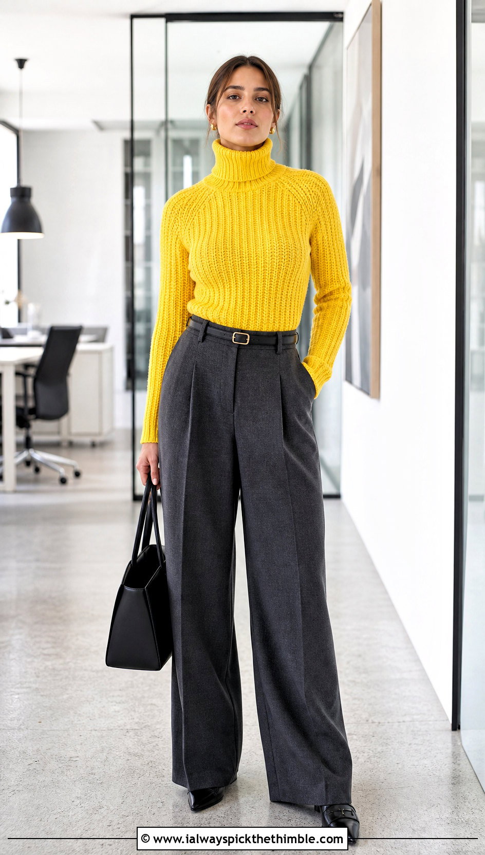 Fitted Ribbed Crochet Turtleneck Sweater With Wide Leg Trousers - 20 crochet turtleneck sweater outfit ideas