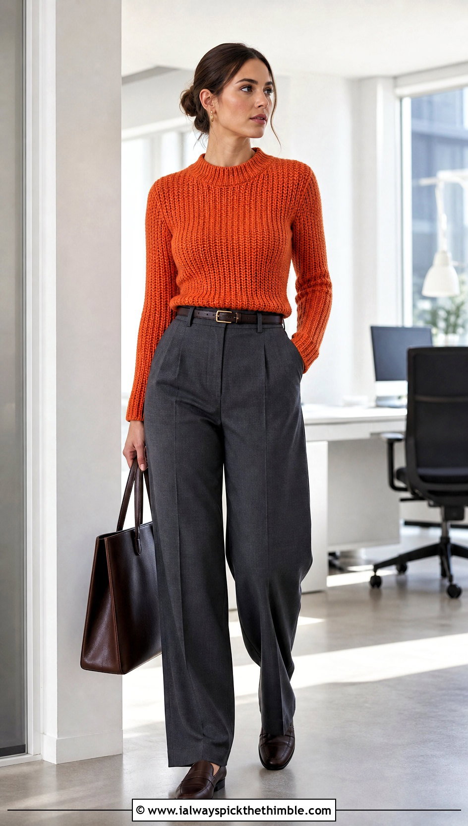 Fitted Ribbed Orange Crochet Sweater With Tailored Trousers - 15 orange crochet sweater design outfit ideas