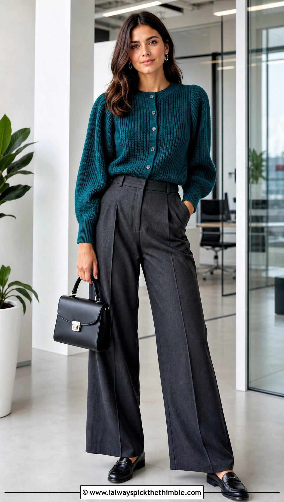 Fitted Ribbed Puff Sleeve Crochet Cardigan With Tailored Trousers - 20 Puff Sleeve Crochet Cardigan outfit ideas