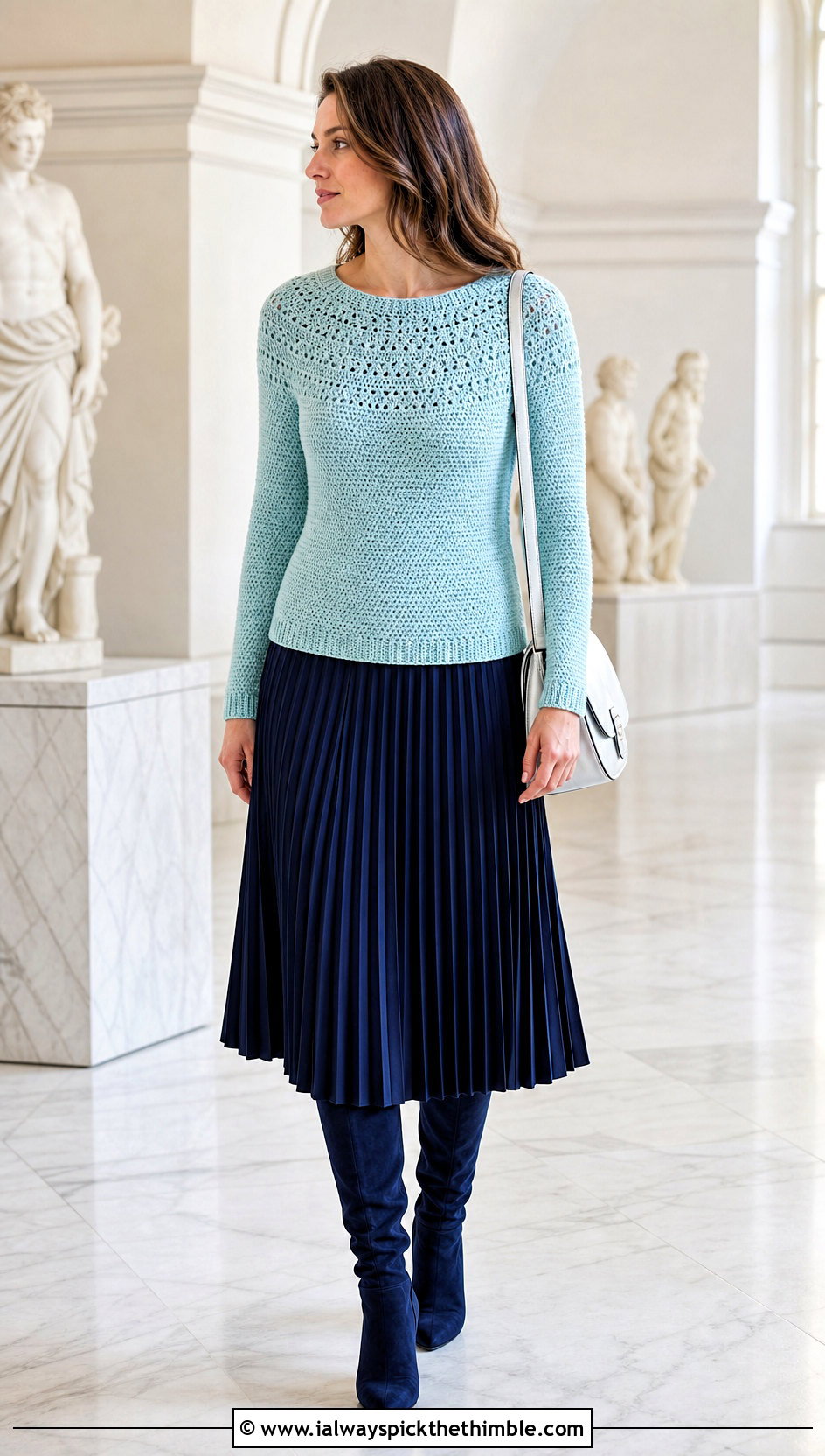 Fitted Round Yoke Crochet Sweater With Pleated Midi Skirt - 20 Round Yoke Crochet Sweater outfit ideas