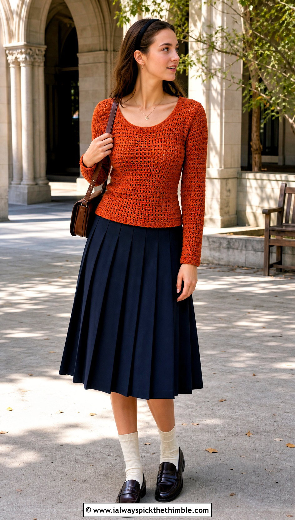 Fitted Scoop Neck Crochet Velvet Sweater With Pleated Skirt - 20 Crochet Velvet Sweater outfit ideas
