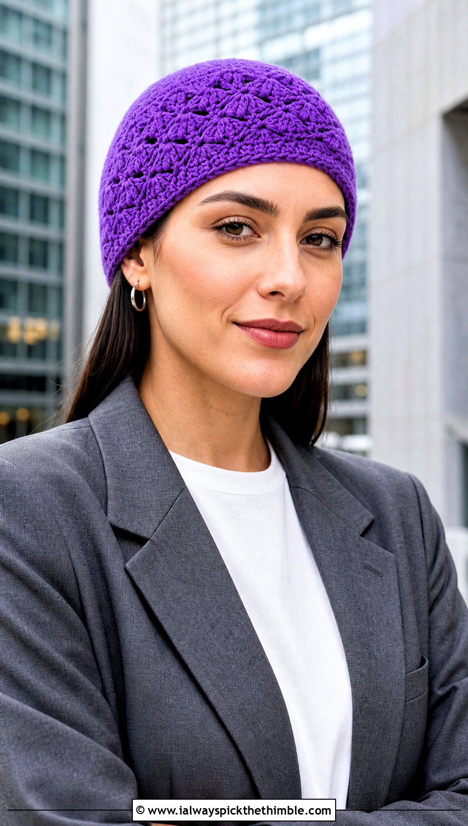 Fitted Shell Stitch Beanie With Blazer And Jeans - 15 Crochet Crowd Hat outfit ideas