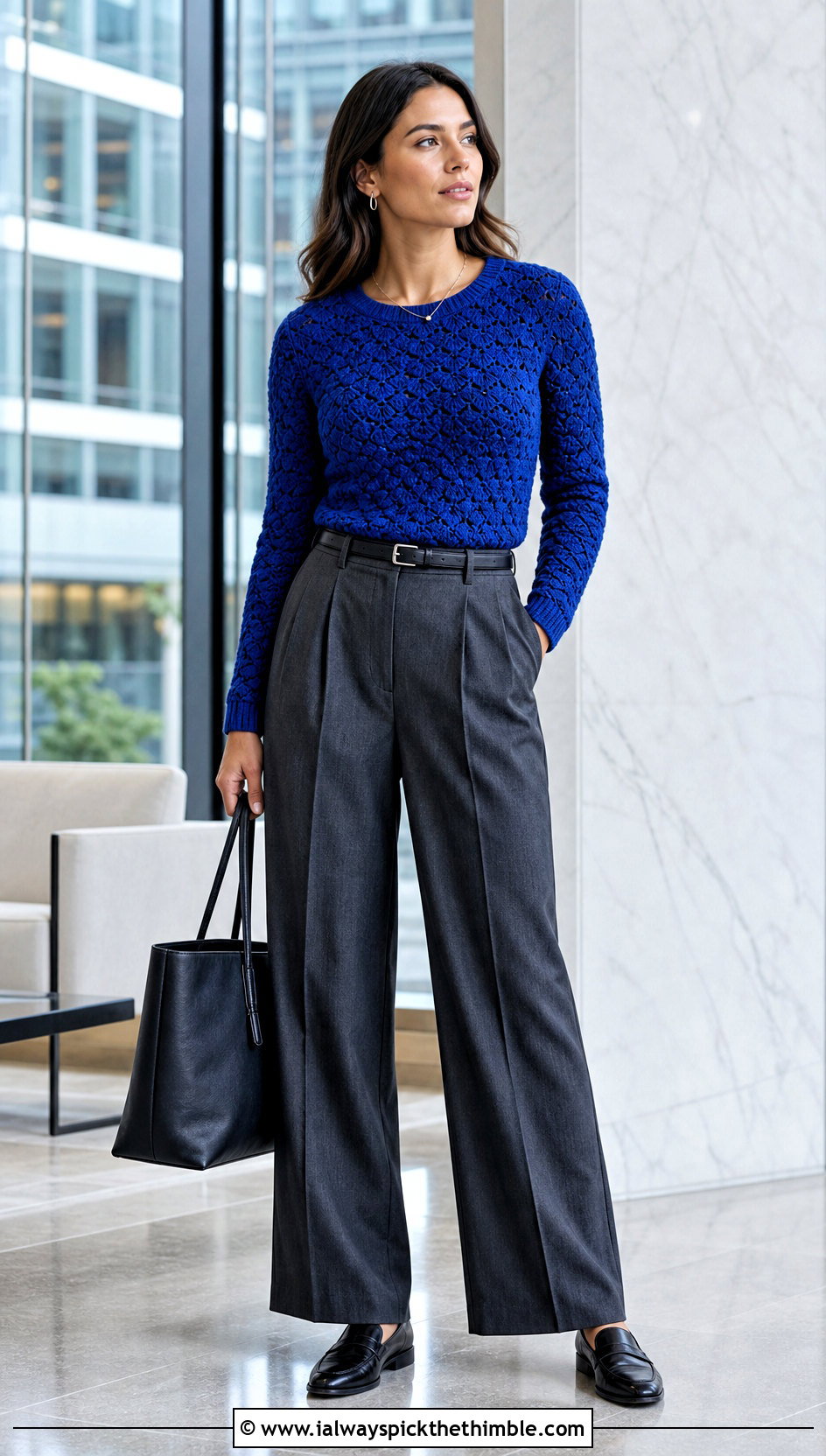 Fitted Shell Stitch Crochet Round Sweater With Tailored Trousers - 15 crochet round sweater outfit ideas
