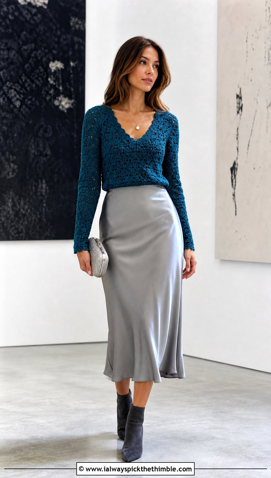 Fitted Shell Stitch Crochet V Neck Sweater With Satin Midi Skirt - 20 Crochet Vneck Sweater outfit ideas