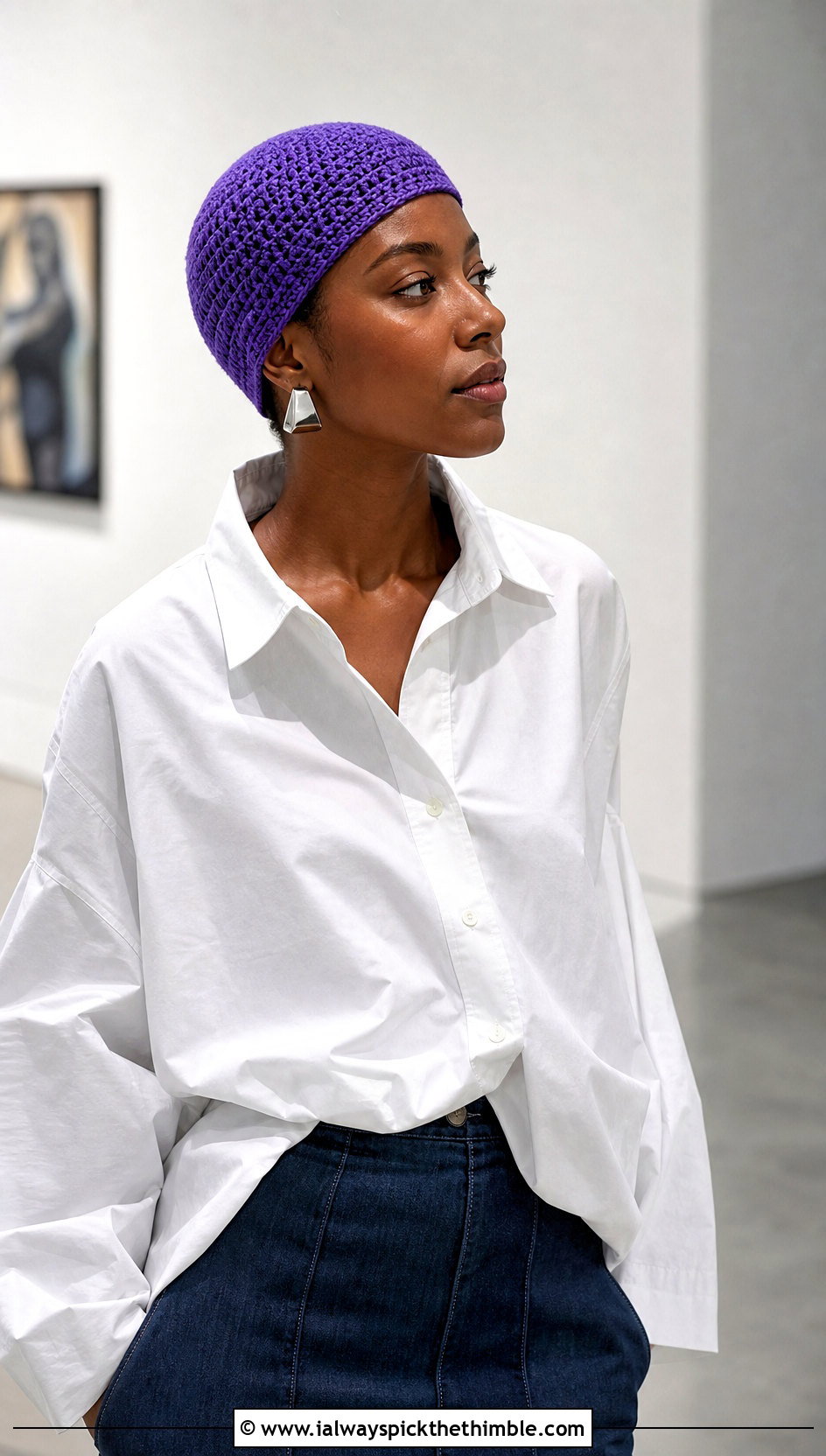 Fitted Short Row Crochet Skull Cap With White Shirt - 20 short row crochet hat outfit ideas