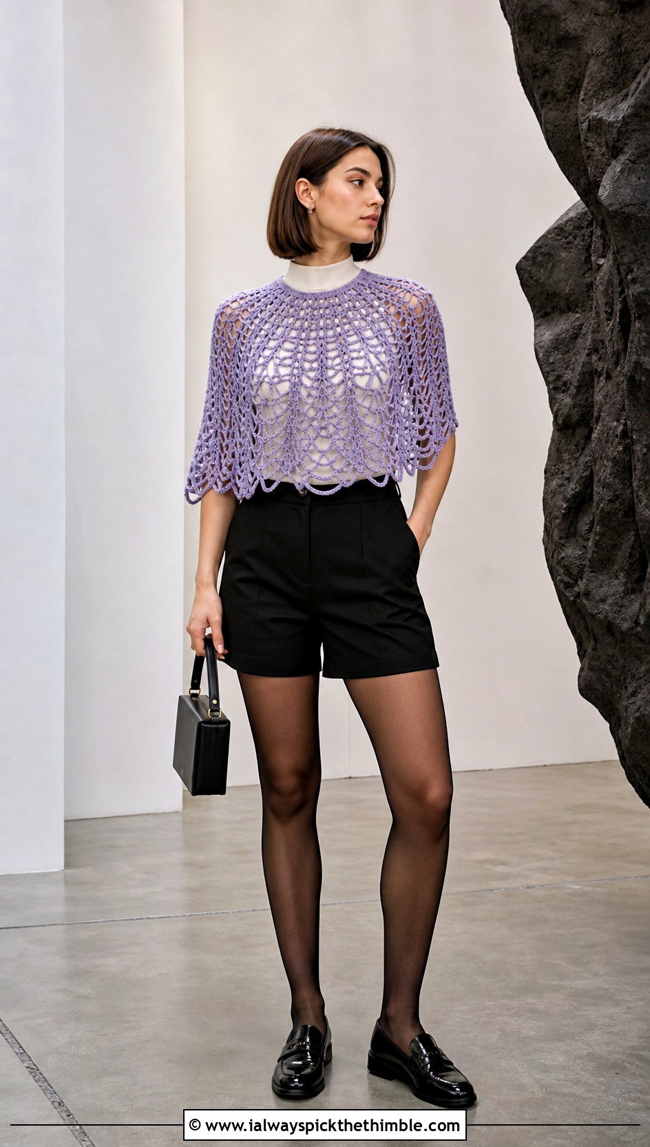 Fitted Shoulder Spider Web Crochet Poncho With Tailored Shorts - 20 Spider Web Crochet Poncho outfit ideas