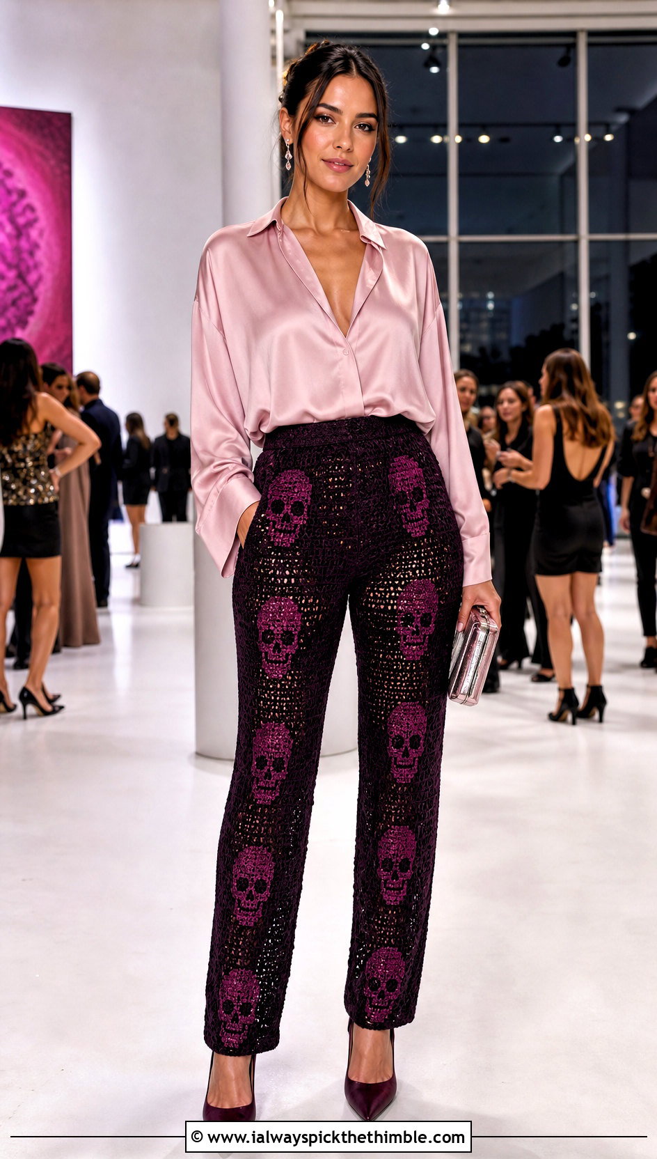 Fitted Skull Crochet Pants With Satin Blouse - 15 Skull Crochet Pants outfit ideas