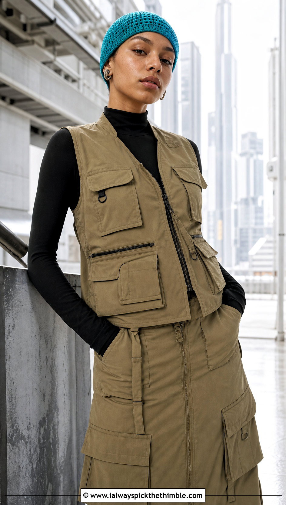 Fitted Skullcap Crochet Beanie With Utility Vest And Cargo Skirt - 25 aesthetic crochet beanie outfit ideas