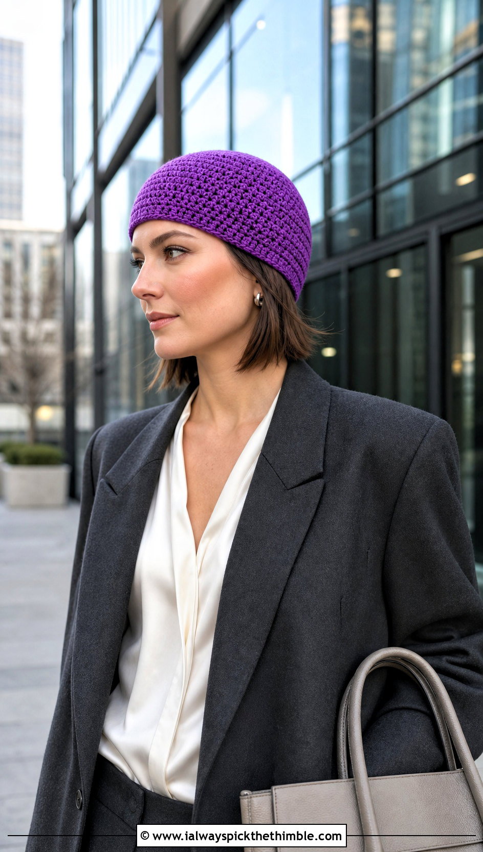 Fitted Skullcap Single Crochet Beanie With Blazer And Trousers - 25 single crochet beanie outfit ideas