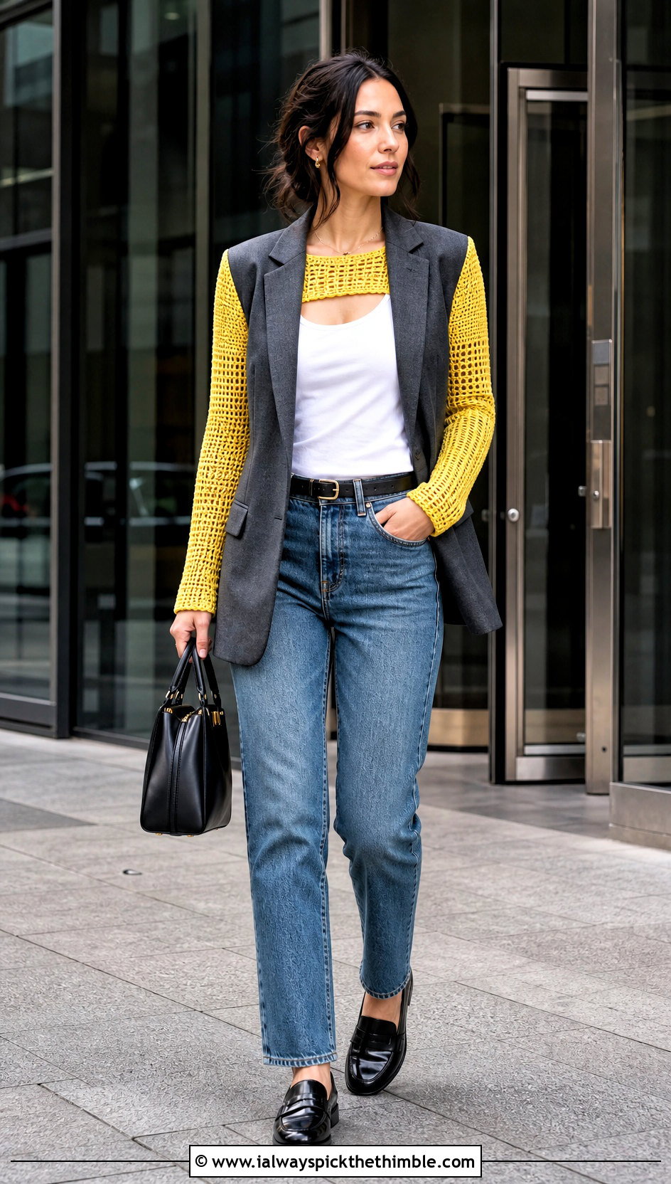 Fitted Sleeve Crochet Arm Shrug With Blazer And Jeans - 20 Crochet Arm Shrug outfit ideas