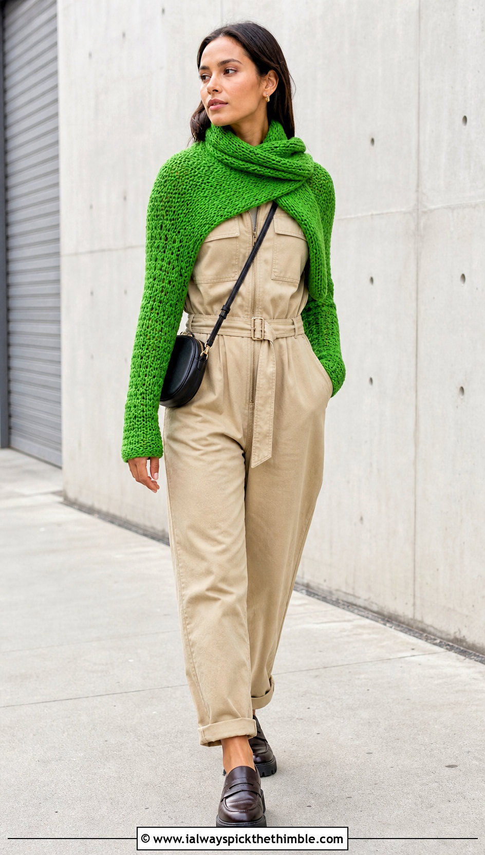 Fitted Sleeve Crochet Sweater Scarf With Utility Jumpsuit - 20 crochet sweater scarf with sleeves outfit ideas