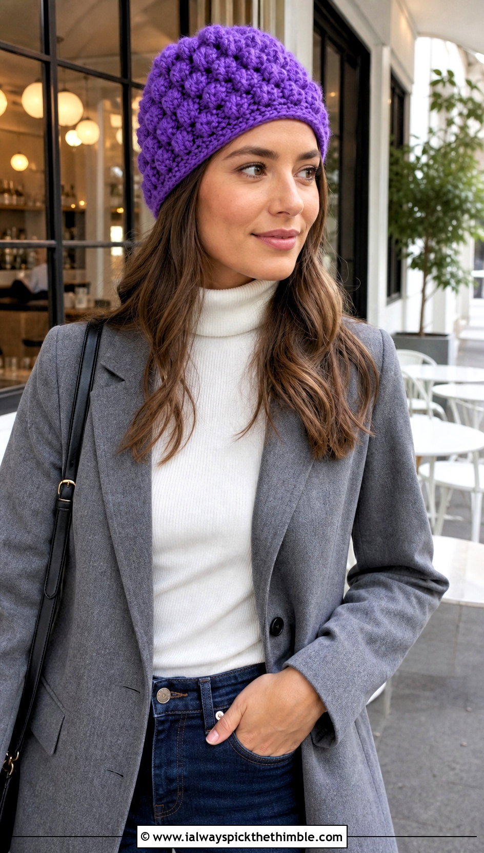 Fitted Snowy Puff Crochet Hat With Blazer And Jeans - 15 snowy puff crochet hat outfit ideas
