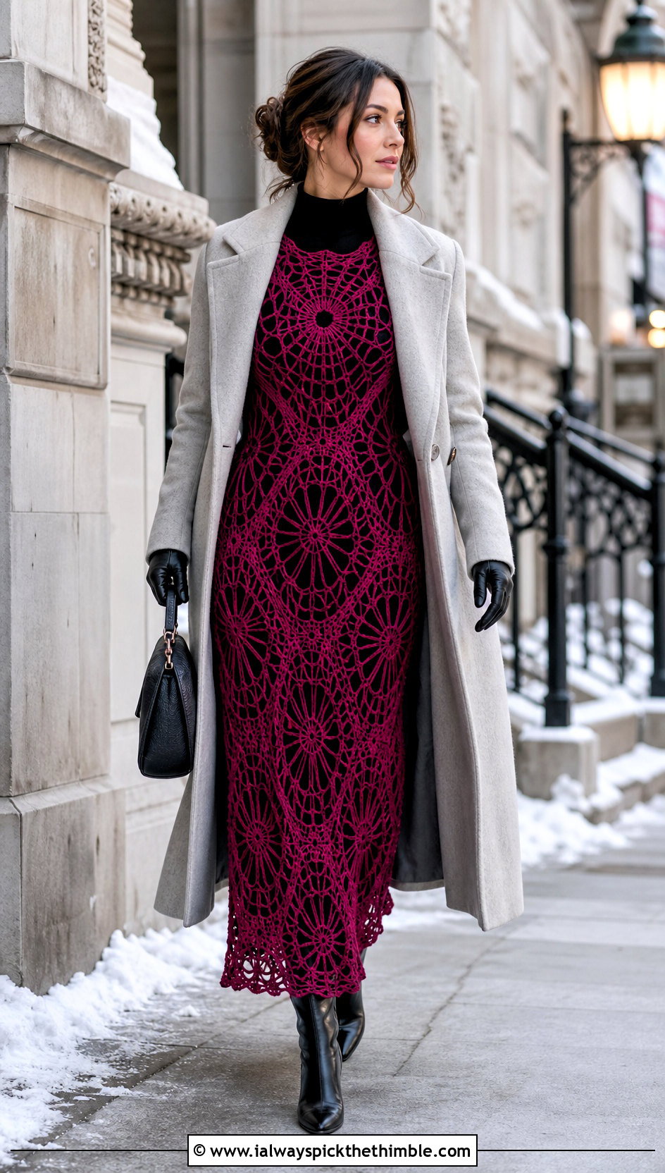 Fitted Spider Web Crochet Maxi Dress With Wool Coat - 15 spider web crochet dress outfit ideas