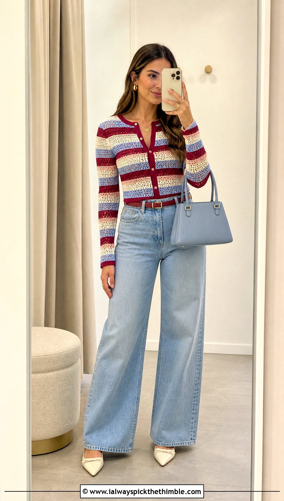 Fitted Stripe Crochet Cardigan With Wide Leg Jeans - 25 crochet striped cardigan outfit ideas