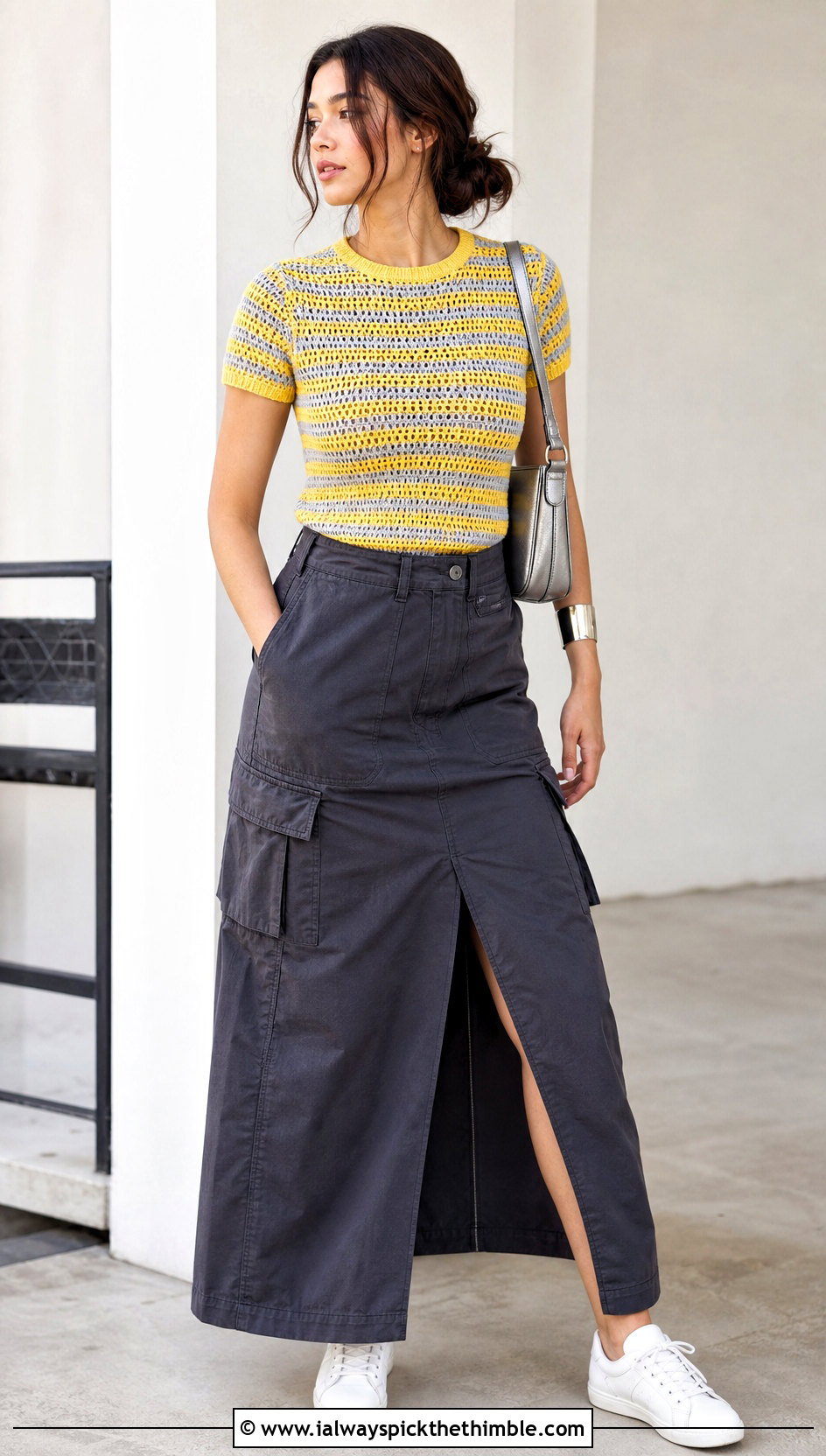 Fitted Striped Crochet Tee With Cargo Maxi Skirt - 15 crochet striped top on hanger outfit ideas