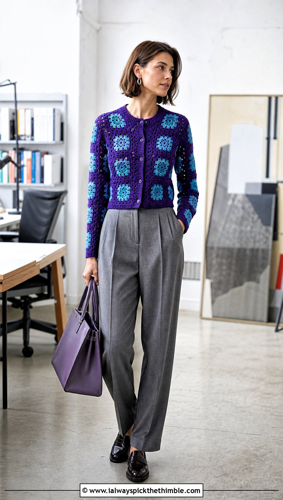 Fitted Sunburst Granny Square Cardigan With Suit Trousers - 25 sunburst granny square cardigan outfit ideas