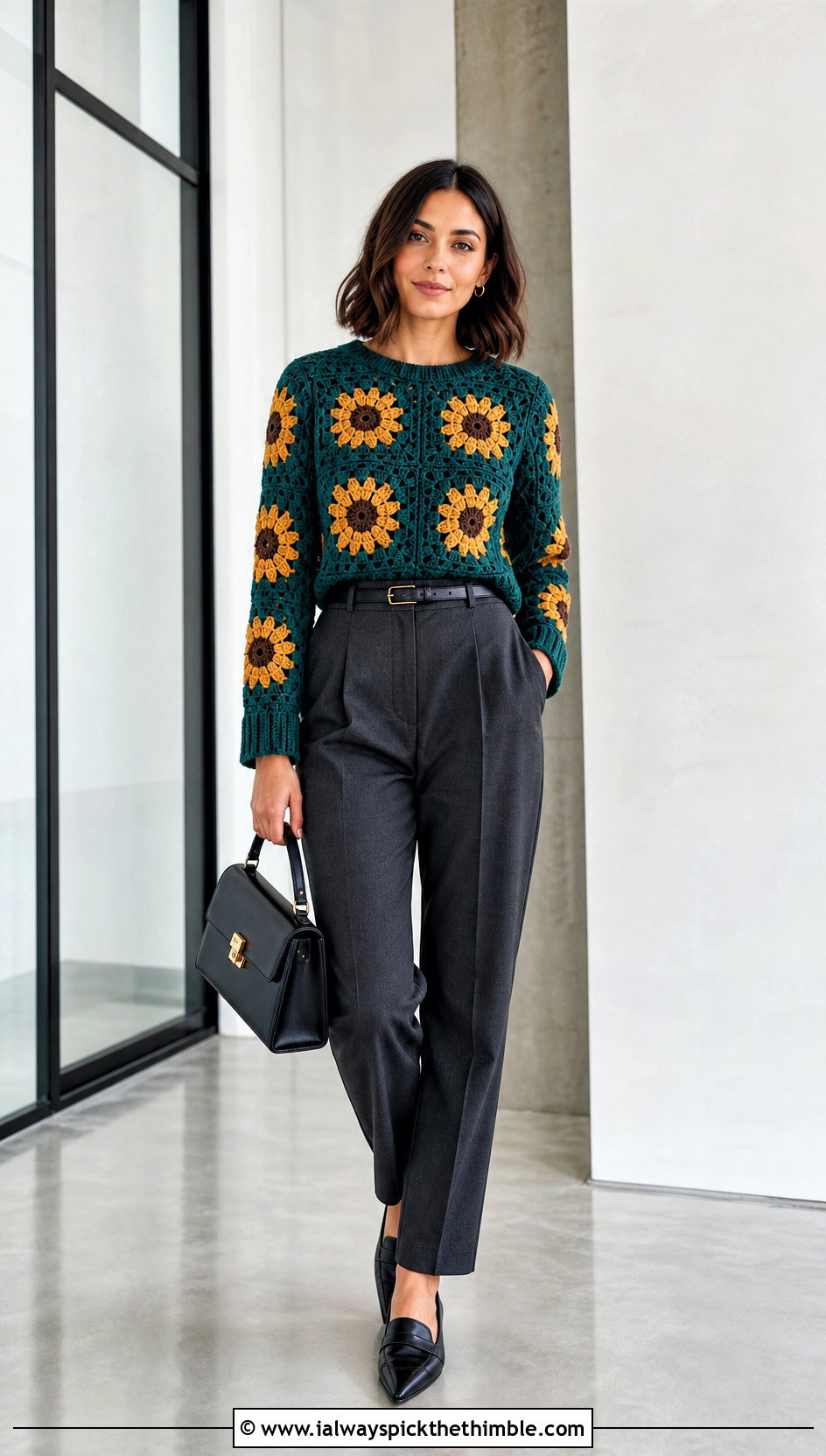 Fitted Sunflower Granny Square Sweater With Tailored Trousers - 20 sunflower granny square sweater outfit ideas