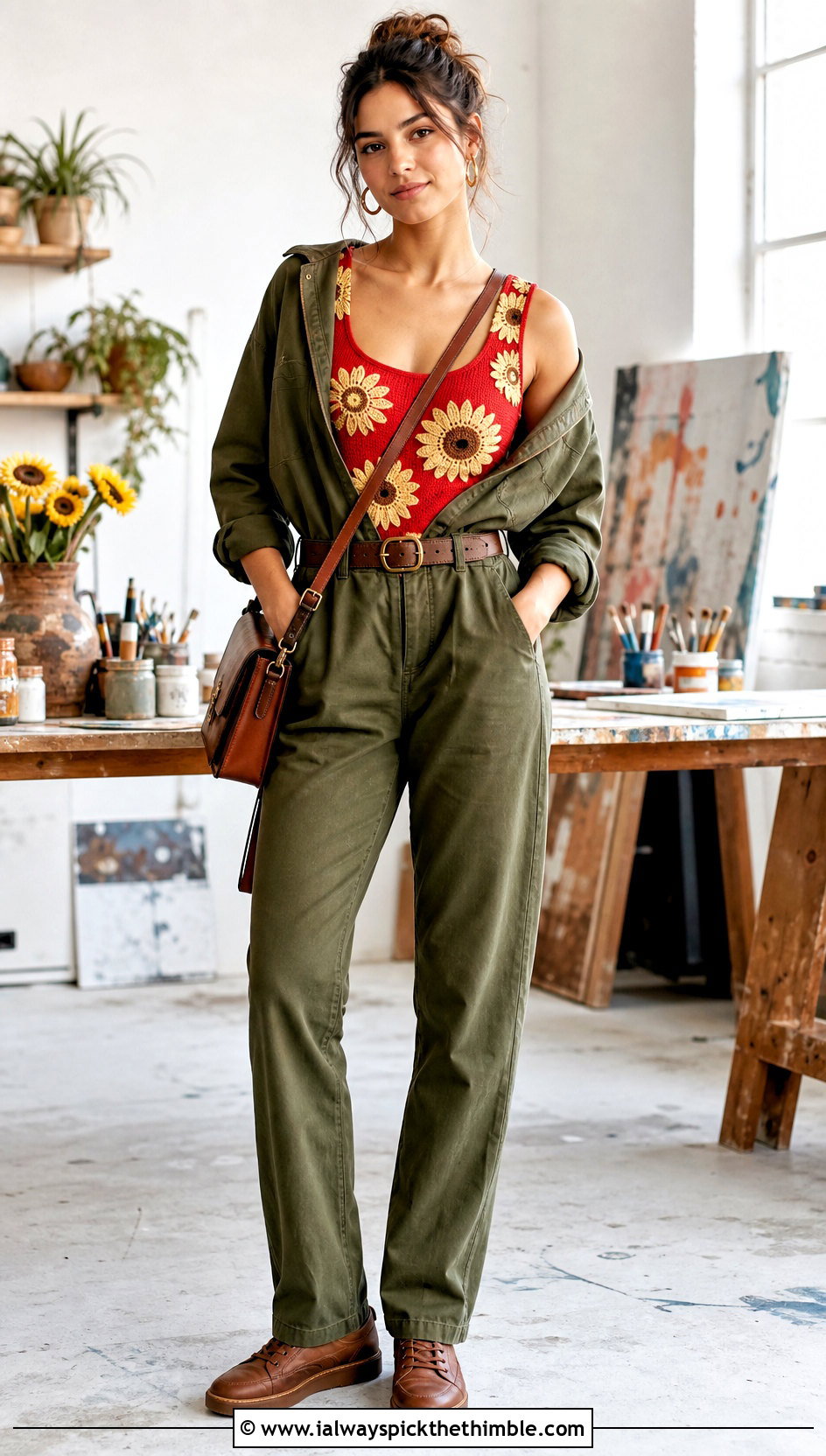 Fitted Sunflower Tank Top Under A Utility Jumpsuit - 15 crochet sunflower tank top outfit ideas