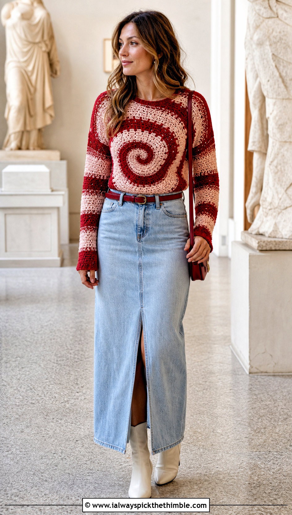 Fitted Swirl Crochet Sweater With Denim Maxi Skirt - 20 swirl crochet sweater outfit ideas