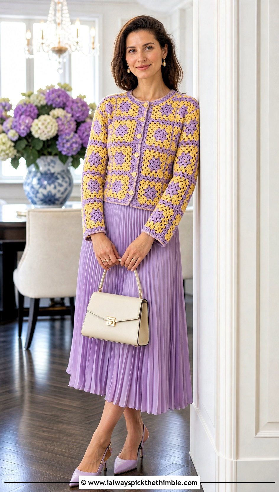 Fitted Two Color Granny Square Cardigan With Pleated Midi Skirt - 20 Two Granny Square Cardigan outfit ideas