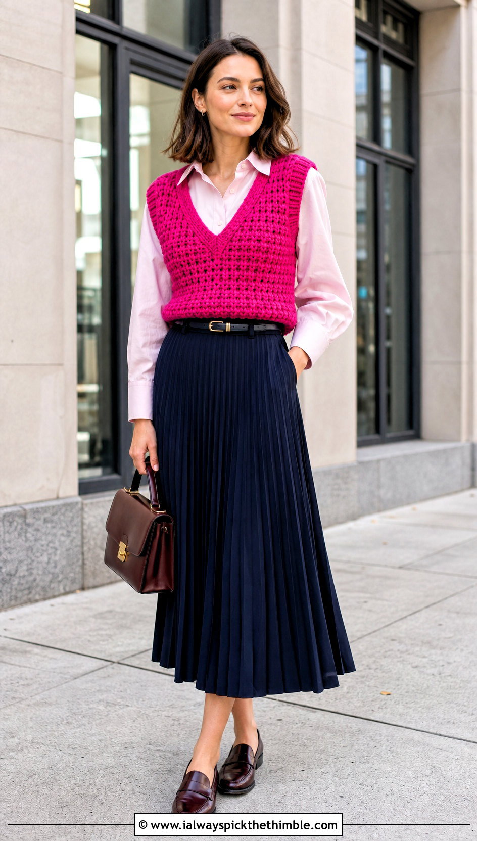 Fitted V Neck Chunky Crochet Vest With Pleated Midi Skirt - 20 crochet chunky vest outfit ideas