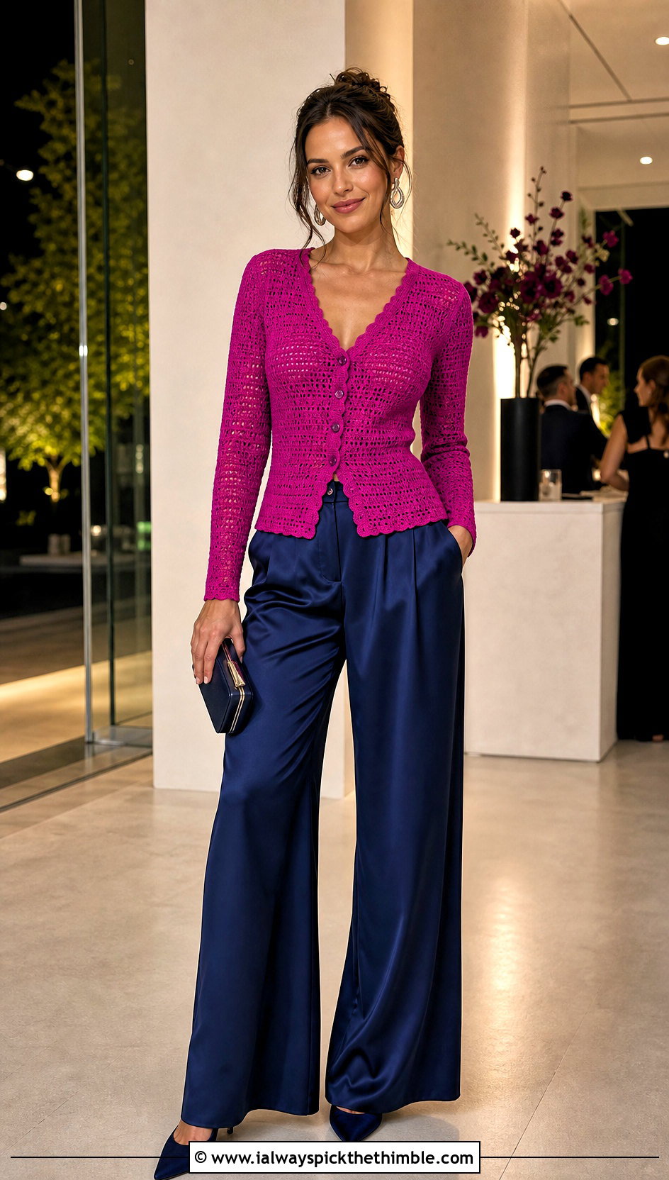 Fitted V Neck Crochet Cardigan With Satin Pants - 20 Autumn Crochet Cardigan outfit ideas