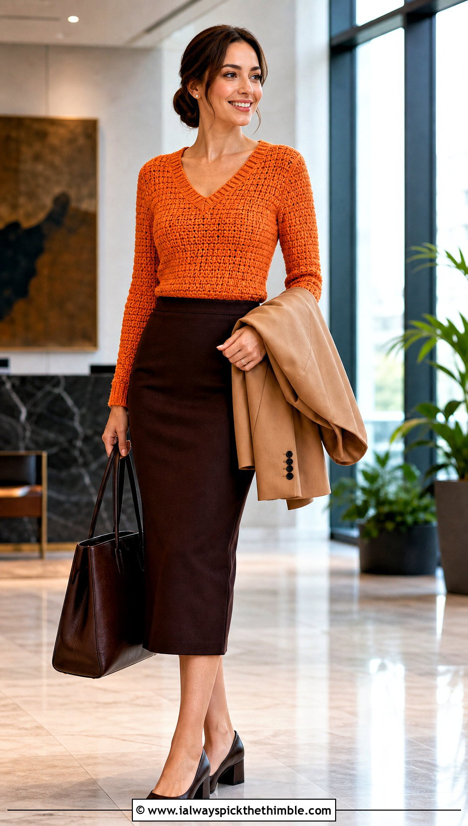 Fitted V Neck Crocheted Sweater With Pencil Skirt - 20 Crocheted Sweater Outfit ideas