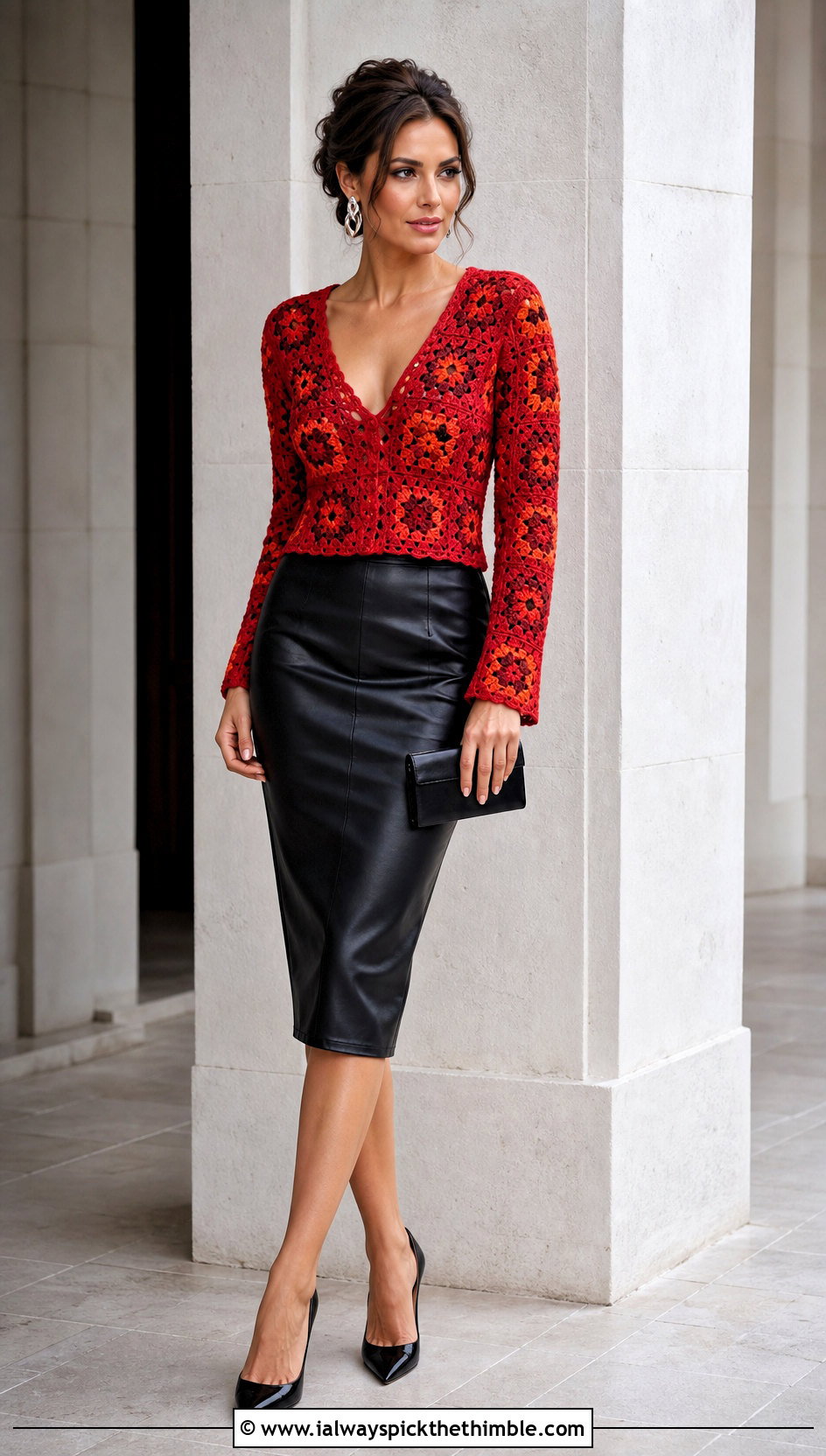 Fitted V Neck Granny Square Pullover With Leather Pencil Skirt - 25 crochet granny square pullover outfit ideas