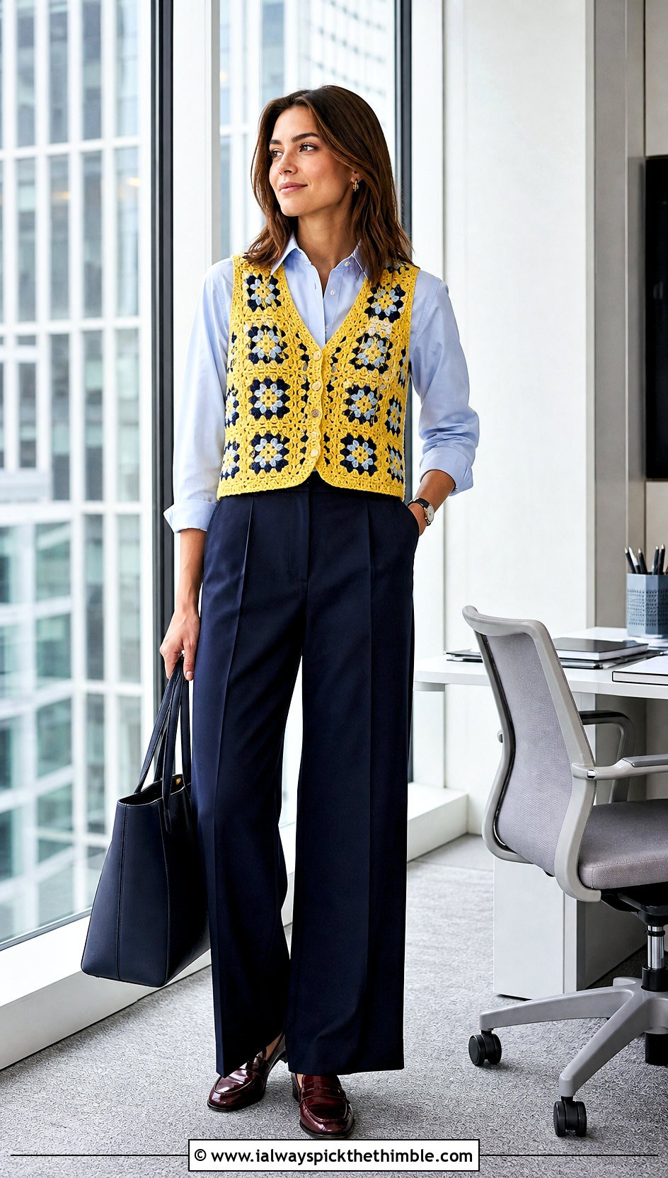 Fitted V Neck Granny Square Waistcoat With Tailored Trousers - 20 crochet granny square waistcoat outfit ideas
