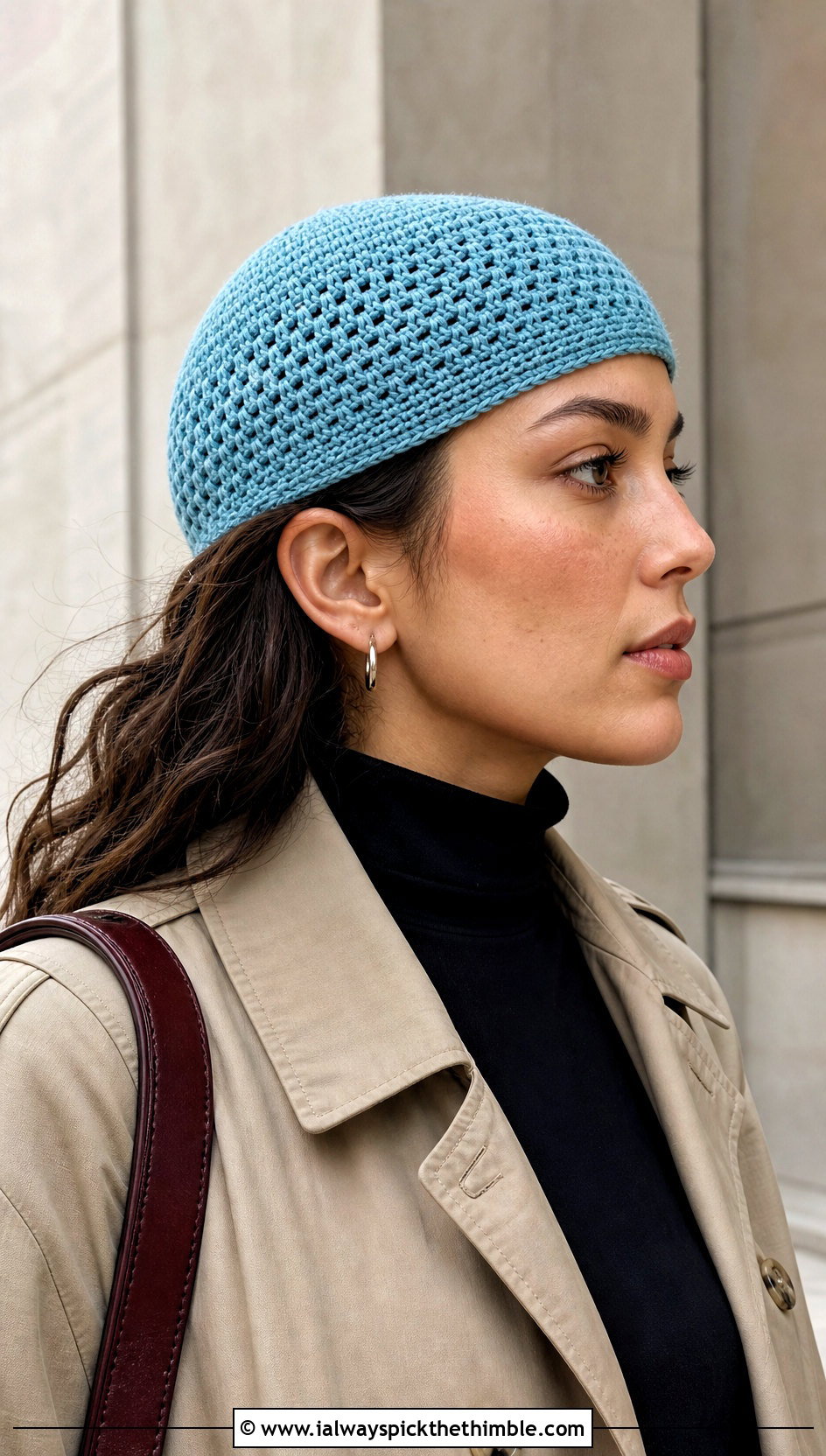 Fitted Waffle Crochet Skull Cap With Trench Coat - 20 Waffle Crochet Hat outfit ideas