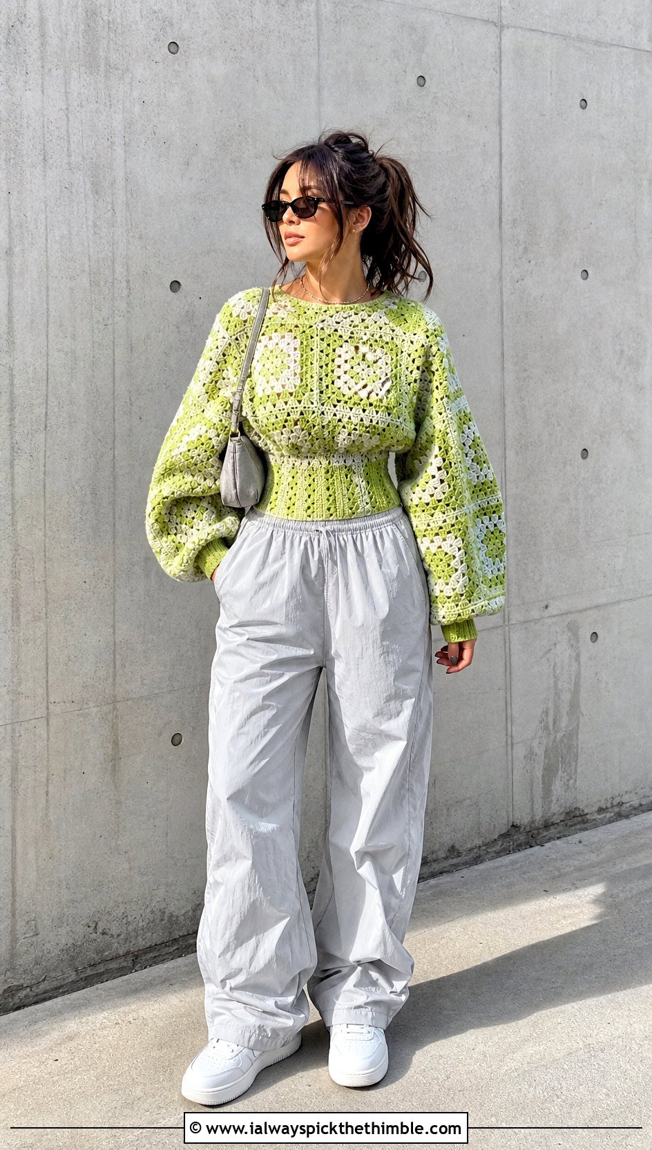 Fitted Waist Giant Granny Square Sweater With Parachute Pants - 20 giant granny square sweater outfit ideas