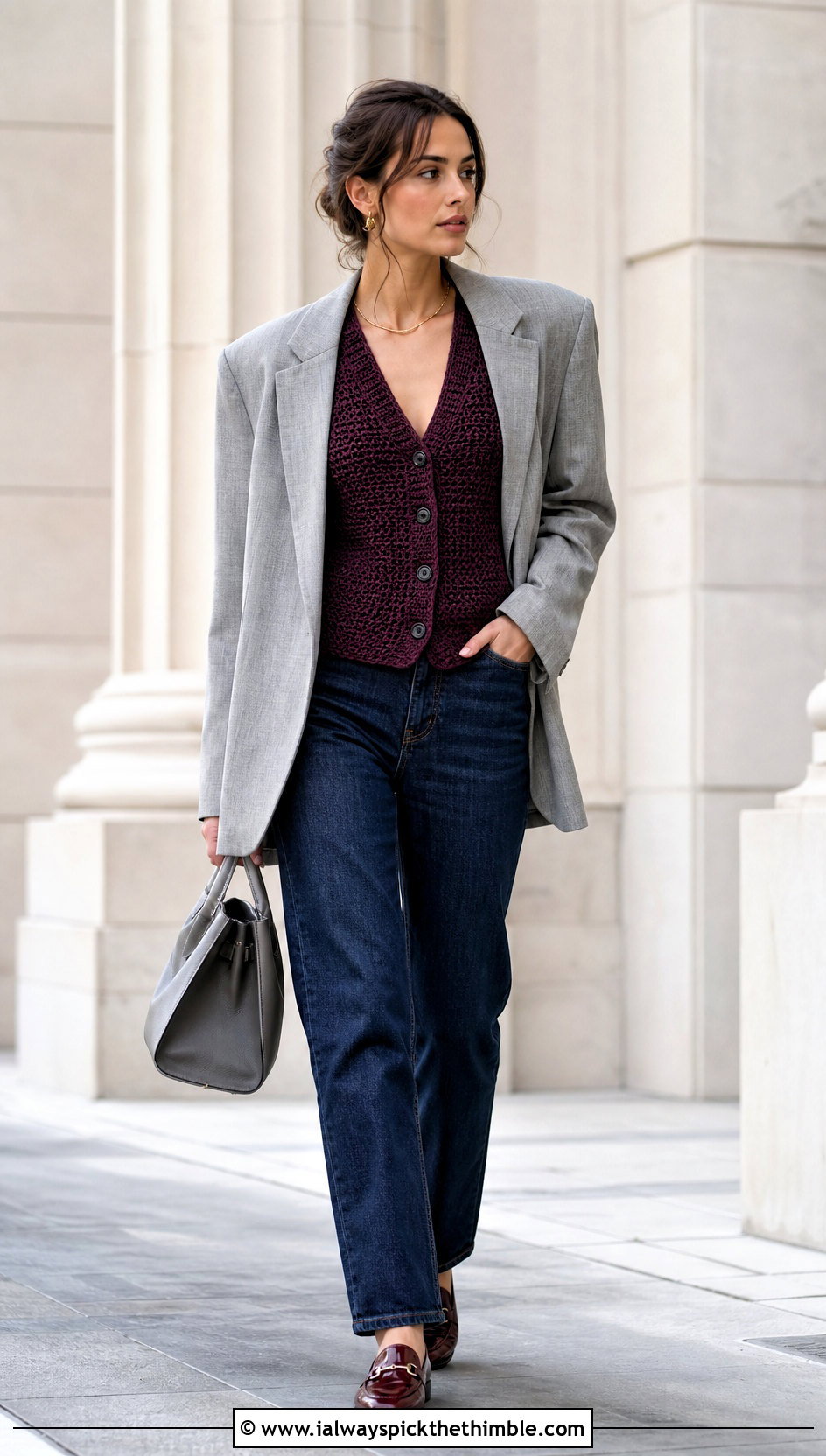 Fitted Waistcoat Crochet Sweater Vest With Blazer And Jeans - 15 basic crochet sweater vest outfit ideas