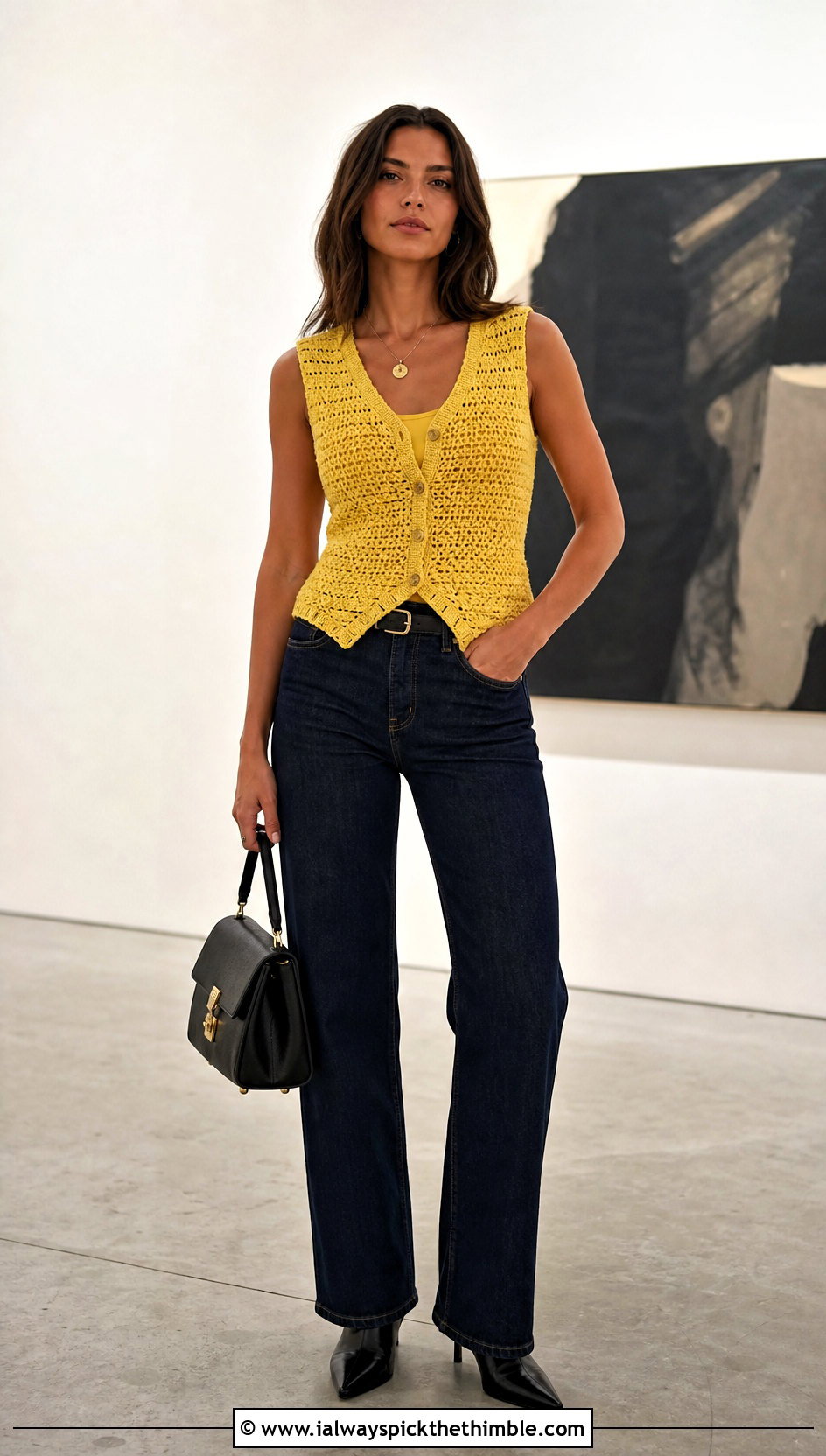 Fitted Waistcoat Vintage Crochet Vest With Straight Jeans - 20 Vintage Crochet Vest outfit ideas