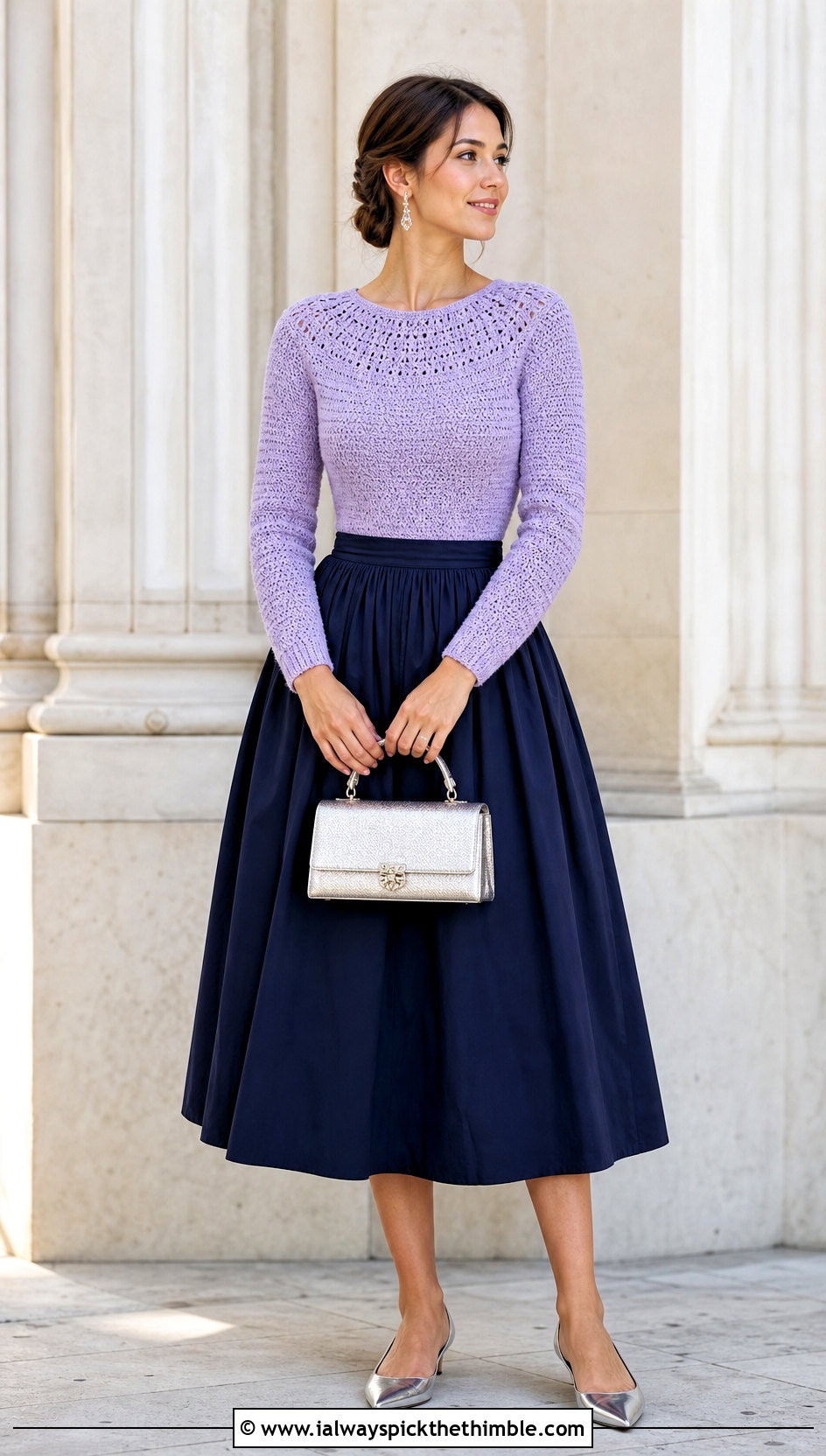 Fitted Yoke Crochet Sweater With Full Midi Skirt - 20 Yoke Down Crochet Sweater outfit ideas